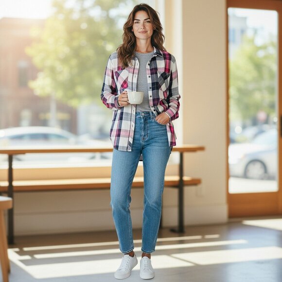 True Craft Plaid Button Front Shirt L – Pink Navy Check Oversized Casual - Picture 3 of 7